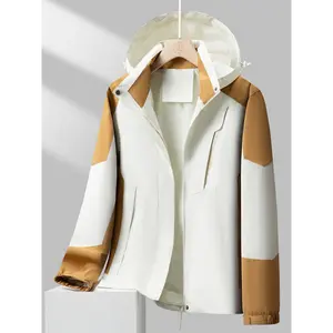 Stay Protected & Stylish: Soft-Shell Outdoor Hiking Jacket With Zip-Up Detachable Hood & Waterproof & Windproof Fabric