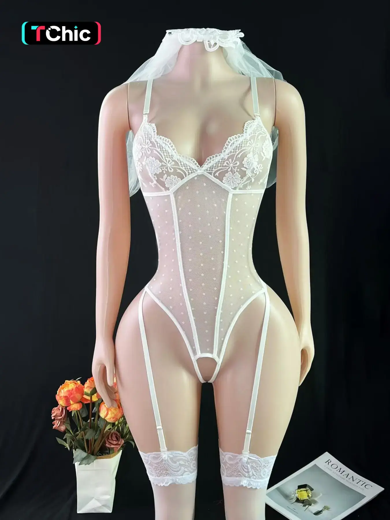 Sexy Water Soluble Mesh Wedding Bodysuit Set, No Underwire, Includes Headscarf & Stockings, 4 Piece Bridal, Lightweight