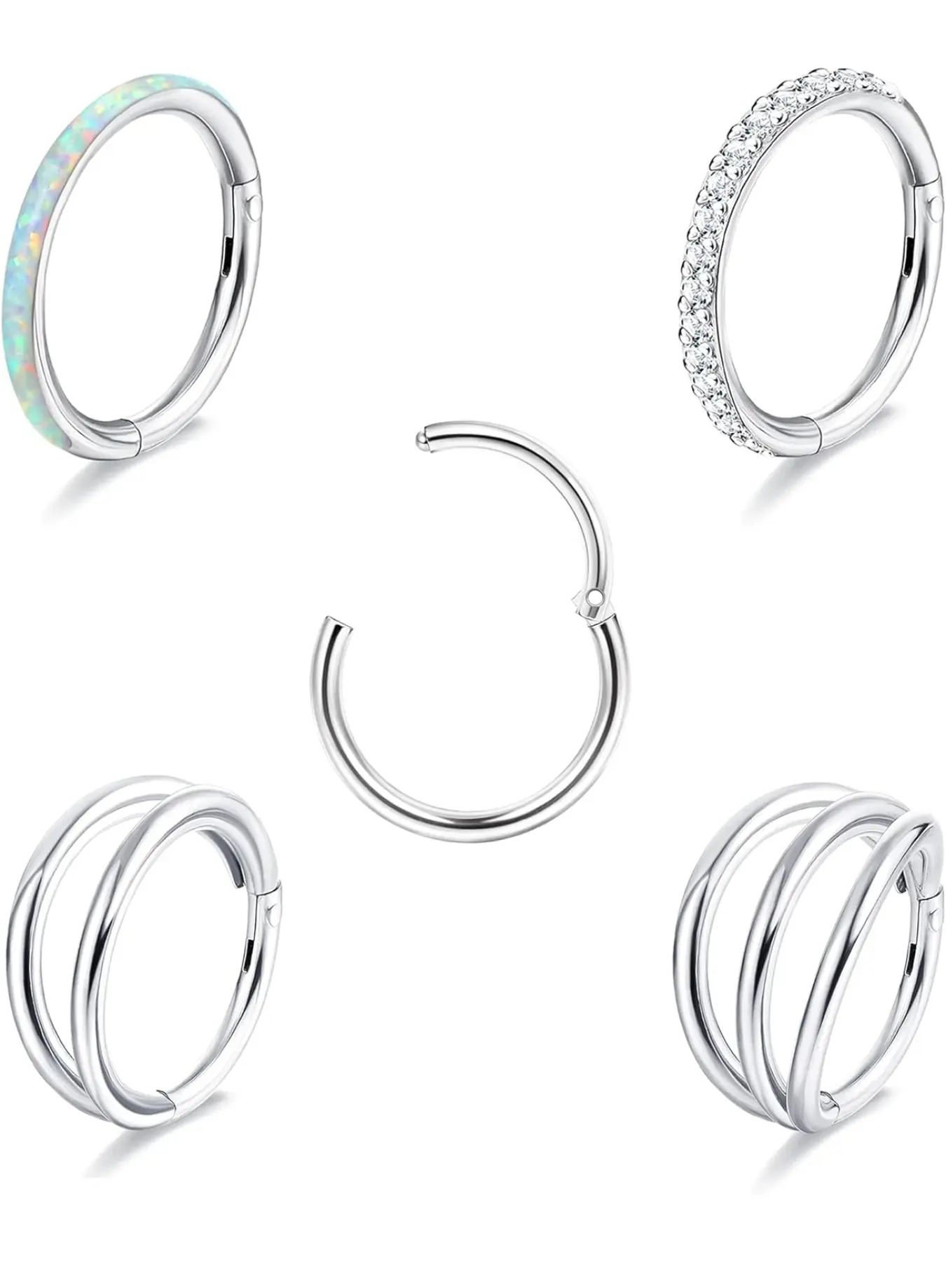 18G 16G Nose Rings Hoop for Women Men 5Pcs Surgical Steel CZ Opal Hinged Lip Nose Rings Daith Helix Cartilage Hoop Conch Rook Earrings Clicker Septum Body Piercing Jewelry 8mm 10mm