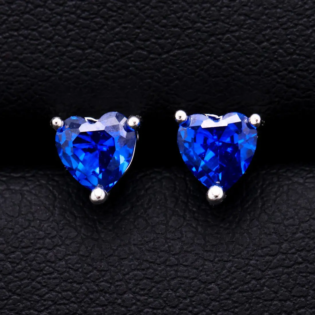 Blue Sapphire Heart Cut Diamond Stud Earrings - 925 Silver