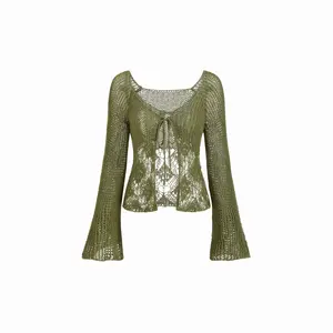 Cider Knit V-neck Bell Sleeve Hollow Out Knotted See-through Top