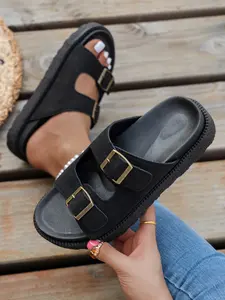 Women's Punk Style Metal Rivet Thick Sole Sandals, Summer Casual PU Material Slip-On Shoes, Trendy Design, Outdoor Wear, Slide
