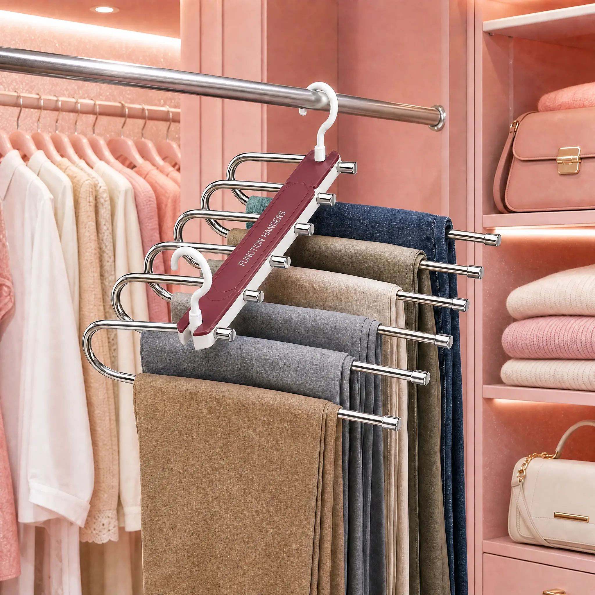 6-in-1 Stainless Steel Metal Pants Hanger, Non-Slip 50mm-Width Slim Home Organizer for Jeans, Trousers & Scarves (Holds 6 Pairs) Minimalist Room Hanging Rack