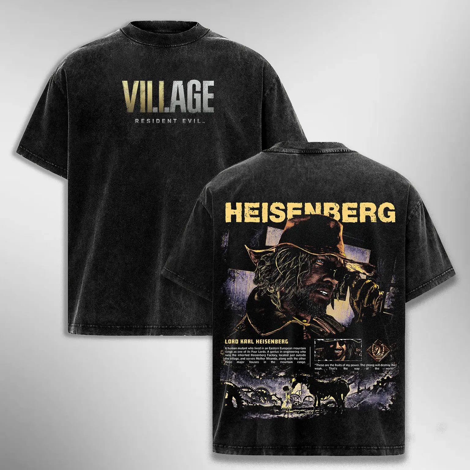 Resident Evil Village Karl Heisenberg Vintage Washed T-Shirt RE8 Biohazard Graphic Tee Lord Heisenberg Factory Shirt Retro 90s Oversized Unisex Streetwear Heavyweight Cotton Crewneck Premium Wash Tee Black Gamer Gift