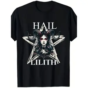 Gothic Occult TShirt Featuring Lilith Demon Mother and Snake Print Round Neck Casual Knit Top for AllSeason Wear MachineWashable