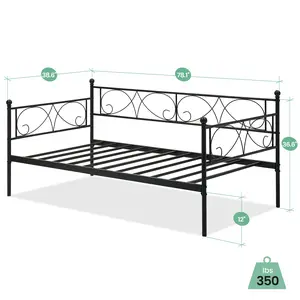 Heavy Duty Metal Daybed Frame with Pull-Out Trundle - Modern Floral Headboard - Space-Saving Platform Sofa Bed for Guest Room or Living Room - Sturdy Steel Slats - Black