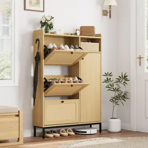 【Christmas Deal】GARVEE Rattan Closet with 3 Foldable Drawers - Narrow Storage Organizer for Shoes and Entryway, Non-Built-In Closet Ideal for Hallway and Small Spaces