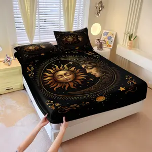 Gilded sun & moon themed 3 Pcs fitted sheet set, Boho fitted sheet, including 2 coreless pillowcases, strong wrapping, a black & gold color scheme, creating a bedroom atmosphere, suitable for those who like unique designs, multiple designs available