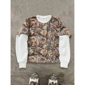 Unisex's Camo Print 2 in 1 Drop Shoulder Sweatshirt, Street Long Sleeve Round Neck Pullover for Spring & Fall, Fashion Unisex's Top for Daily Wear