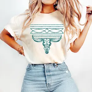 Comfort Colors Western Boots Stitch Vintage PRINTED T-shirt Turquoise Long Horn T-shirt Western Graphic Rodeo Tshirt Womens Cowgirl Gift