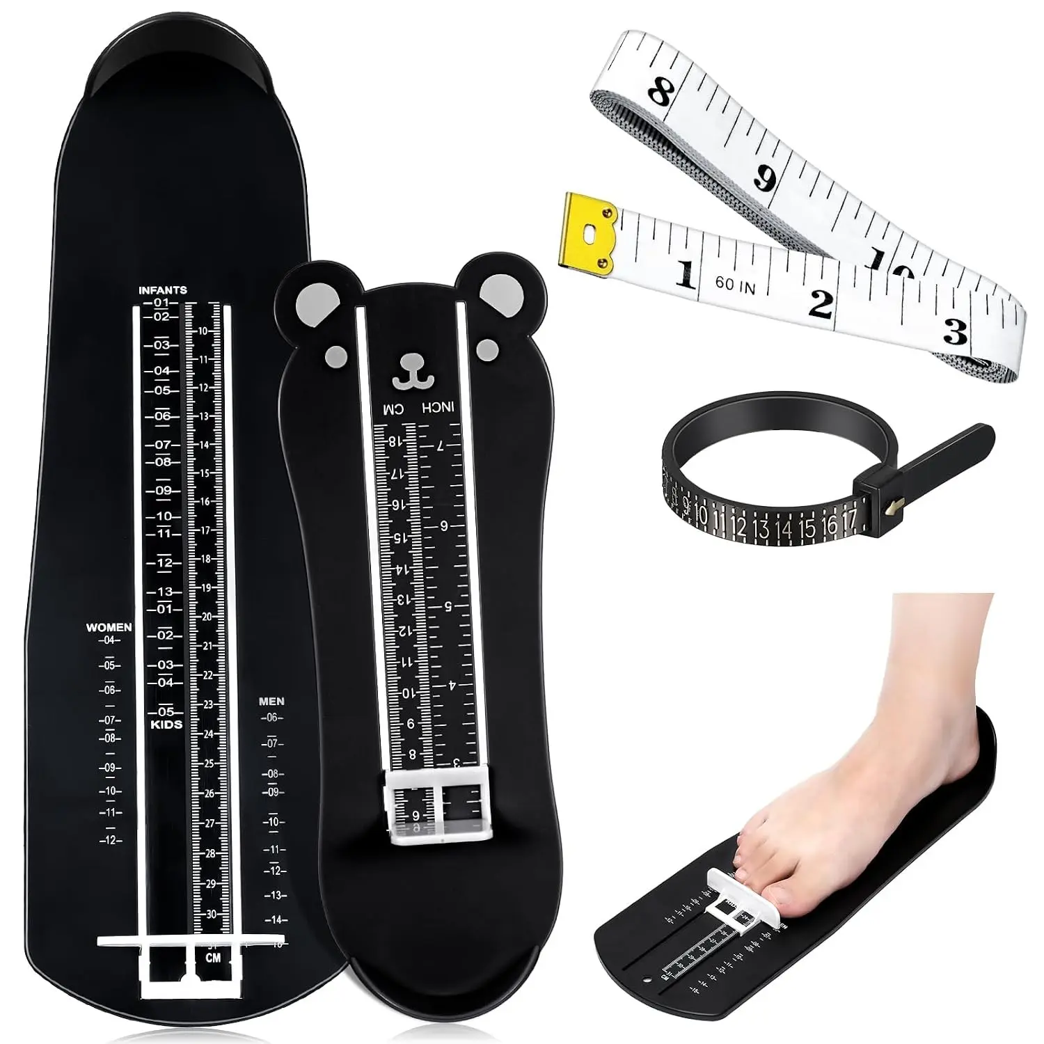 2 Pcs Foot Measurement Devices Shoes Size Measuring Devices with Tape and Ring Sizer, US Size(Black,Bear)