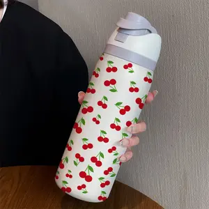 32oz Art Cherry Dual-Drink Sports Water Bottle Tumbler, Stainless Steel Vacuum Insulated, Large Fruit Cup, Perfect Gift for Women, Cold & Hot Drinks