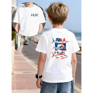 USA Flag Multi-Fish HUK Printed T-Shirt, Boys' Summer Cool Crew Neck Short-Sleeve Top, Sporty Casual Style Versatile Fashionable Outdoor Leisure Shirt