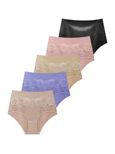 5pcs Women’s High Waisted Tummy Control Panties Set, Seamless Shaping Briefs with Cross Waistband & Mesh Panel, Soft Stretchy Breathable Underwear for Daily Wear, Work, Travel & Postpartum Comfort Womenswear