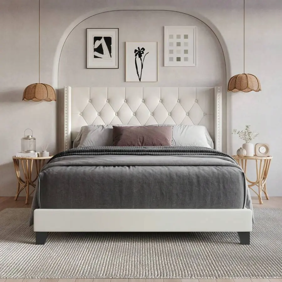 Home Design Homer Tufted Upholstered Panel Bed With Nail Head Trim Wingback Headboard