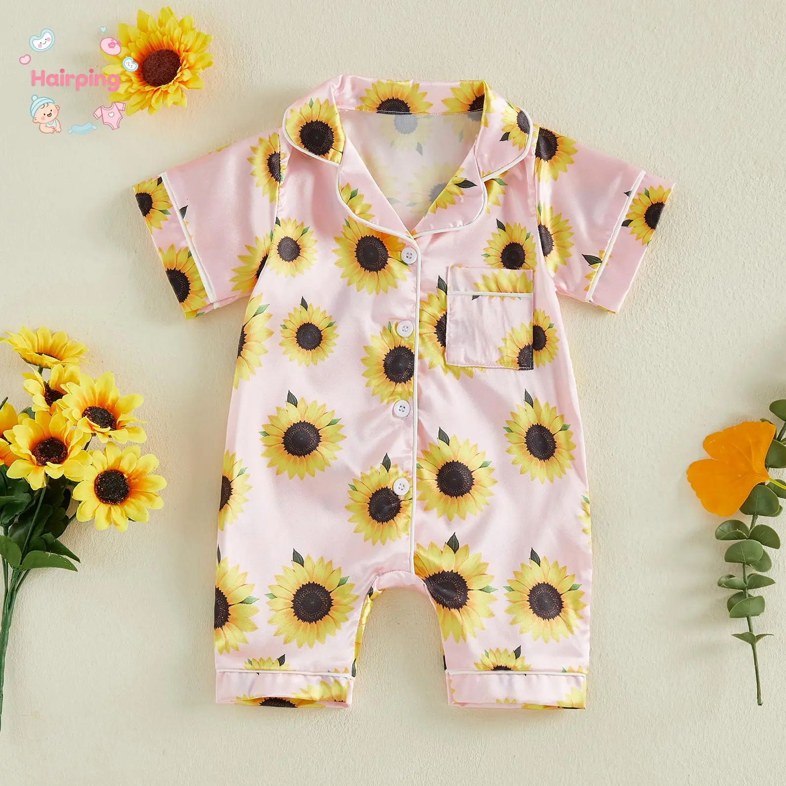 Baby Girl Floral Sunflower Satin Romper - Short Sleeve Button-Down Pajama Onesie, Soft Breathable Summer Sleepwear, Ideal for 0-3 Months Daily Wear, Baby Shower Gift (1 Jumpsuit)