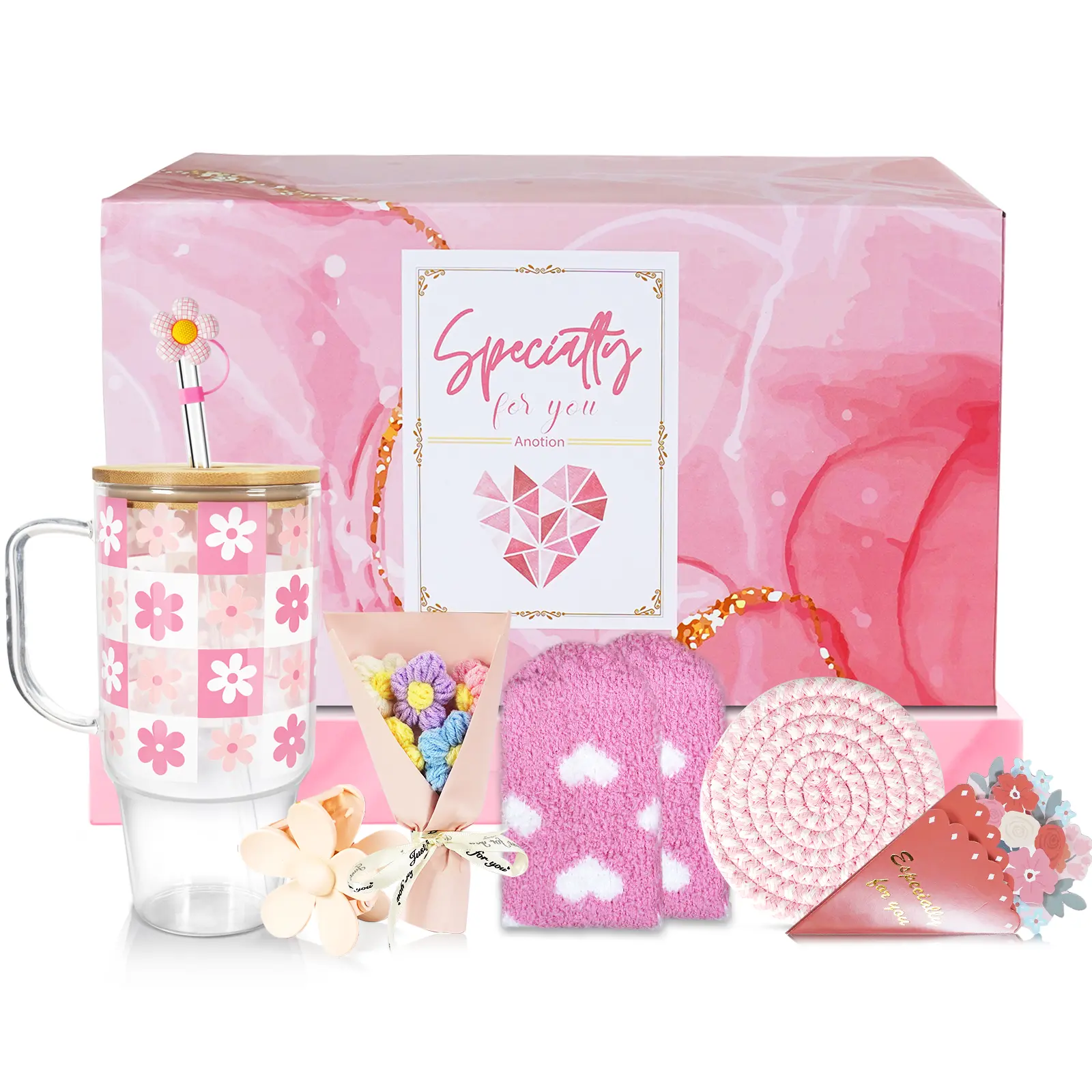 ANOTION Summervibes Gift for Her –Pink Floral Glass Cup Set, 40oz Glass Cup Set, 12-Piece Gift Set with Pink Flower Bouquet, Greeting Card, Coaster, Heart Socks & More