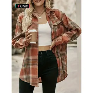 Women's Plaid Print Button Front Shirt, Casual Drop Shoulder Long Sleeve Collared Top for Daily Wear, Ladies Clothes for All Seasons