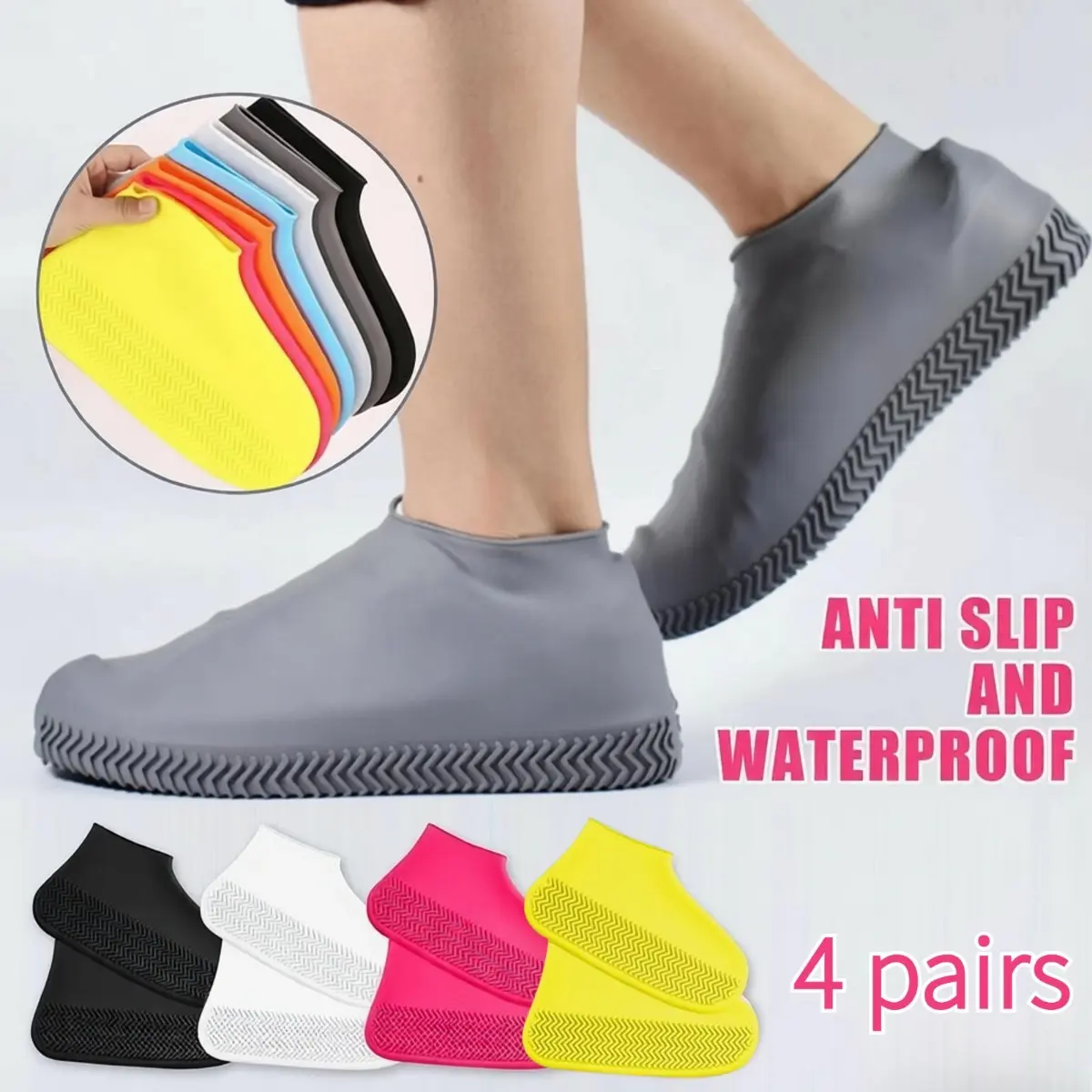 4 Pairs Silicone Waterproof Shoe Covers Set Heavy Duty Non Slip Rain Shoes Protection Outdoor Mud Tire Traction Overshoes Sleeve