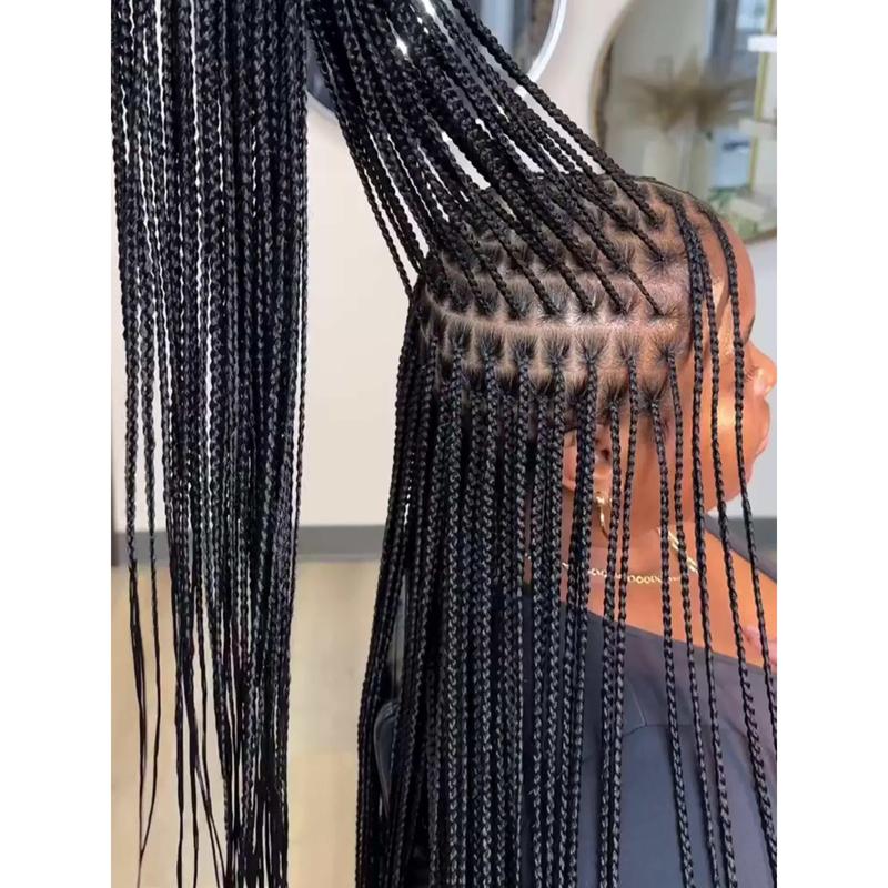 Black Hand Braided 40" Box Braided Wigs with Baby Hair Knotless Cornrow Braids, Lace Front, Full Double Lace Front Braid Wig for Women