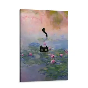 Funny Black Cat Canvas Wall Art Picture Black Cat in the Pink Water Lily Evening Painting Vintage Preppy Aesthetic Animal Posters Prints for Living Room Bedroom Bathroom Decor funny poster 24x  36 bedroom wall art print posters  room  decor home decor pic