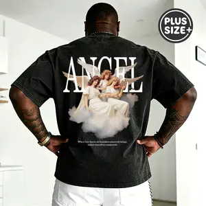 Plus Size Men's Renaissance Angel "ANGEL" Dual-Sided Washed Tee | Gothic Streetwear Shirt,Angel Trio Renaissance Graphic Tee | Grunge Washed Oversized Shirt