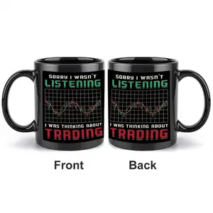 1pc 11oz black ceramic mug with printed stock trading charts and text, SORRY I WASN'T LISTENING, I WAS THINKING ABOUT TRADING, Suitable for daily use by trading enthusiasts, suitable as a Christmas gift, Valentine's Day gift, Ceramic Printed Drinkware