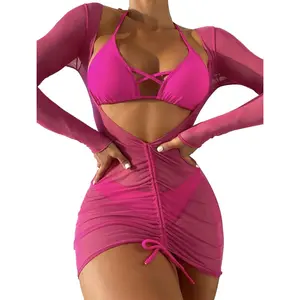 Women's Sexy 3 Piece Swimsuits Halter Triangle Bikini Sets with Long Sleeve Cover Up Drawstring Bathing Suit