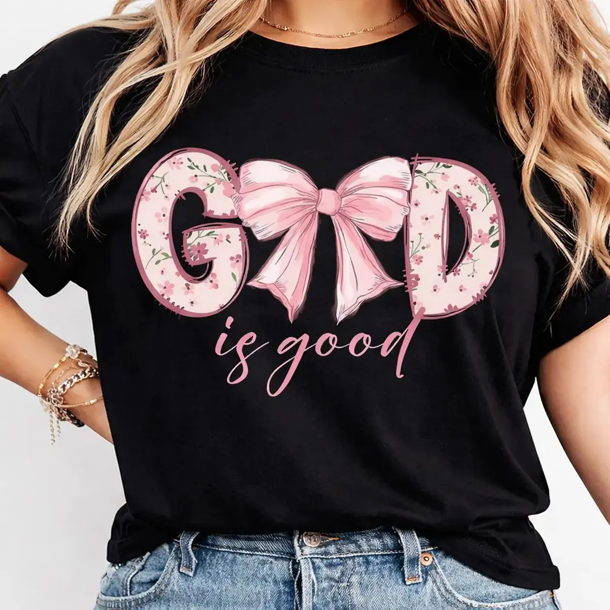 Women's Men's Vintage Christian God Is Good Bible Verse T-Shirt Floral Bow Design Soft Round Neck Short Sleeve Cotton Summer Unisex Casual Graphic Tees for Mother's Day Father's Day All Festivals