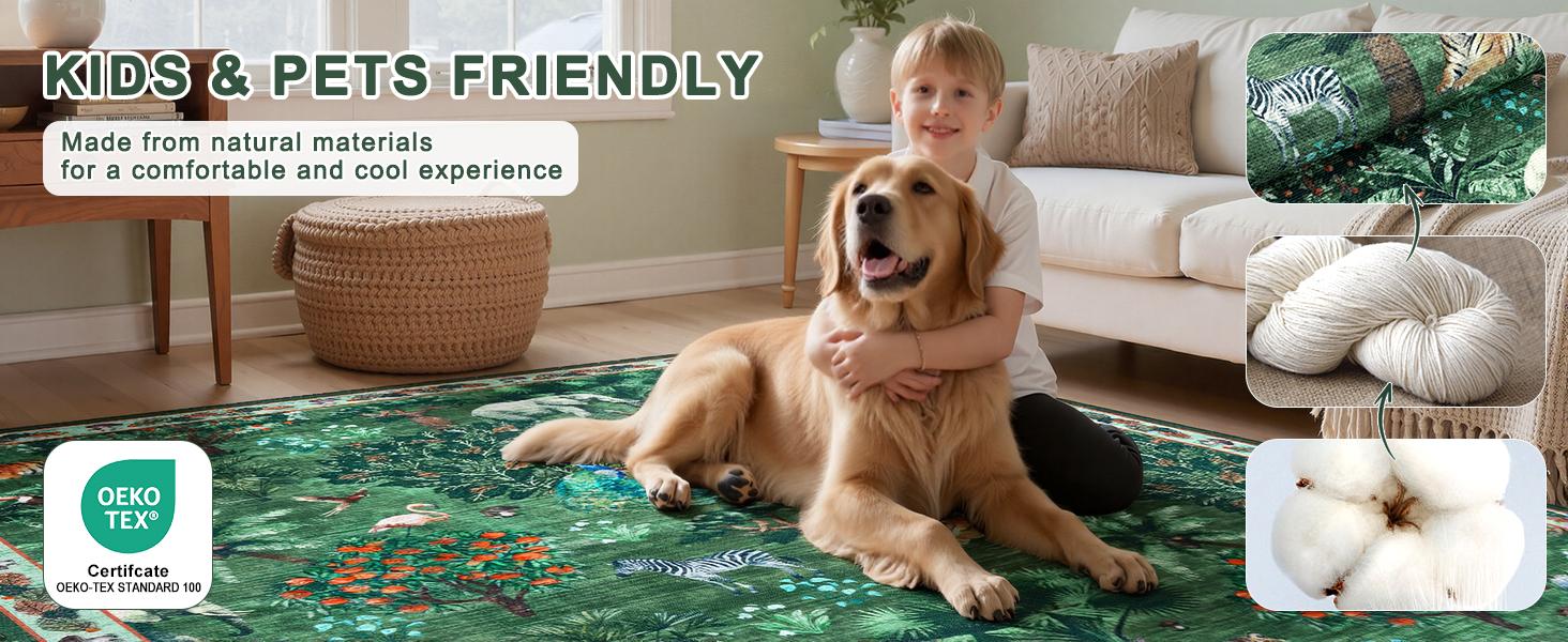 LOKHOM Jungle Animal Print Rug 8x10 Washable Area Rugs for Living Room, Forest Rug Non Slip Low Pile Stain Resistance Large Throw Carpet for Bedroom Dining Room Kids Playroom Nursery, Black