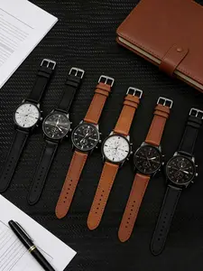 6PCS Men's PU Leather Strap Mixed Scale Dial Business Fashion Style Analog Quartz Watch Set, Daily Wear, Modern Fashionable Wristwatch