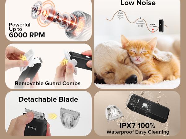 Pet Clippers for Dog Hair Grooming Low Noise, Portable Pet Hair Trimmer for Matted & Long Hair, Rechargeable Cordless Cat Shaver with Ceramic Blade
