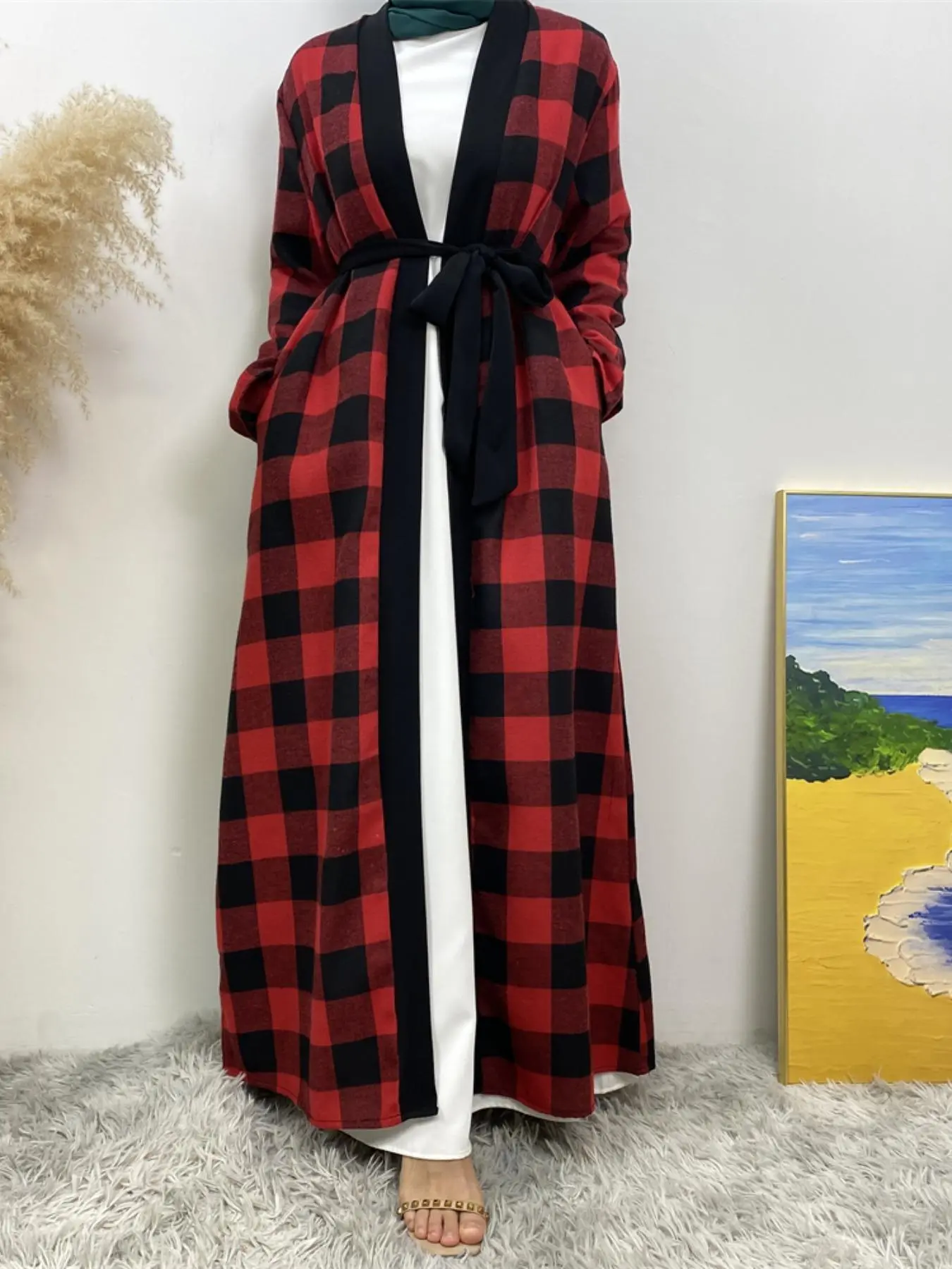Women's Plaid Print Belted Long Sleeve Abaya Caftan, Modest Long Abaya for Daily Wear, Women's Islamic Clothing for Spring & Fall