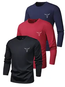 3pcs Set Spring Autumn Thin Men's Long Sleeve T-Shirt with Bull Head Pattern Printed Fashionable Versatile Casual Round Neck Base Shirt Top Street Style Personalized Trendy Clothing