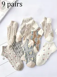 9 Pairs Women's Low Cut Socks, Retro Artistic Style, Random Colors, Breathable Thin Socks for Spring & Summer, Vintage Floral Socks, Lace Trim, Pastoral Style, 3D Texture No-Show Socks