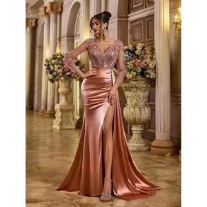 Elegant & Luxurious V-Neck Long Sleeve Lace Sequin Embroidered Bodycon Fishtail Maxi Dress With Sheer Panel, Stretchy Crepe Fabric, Suitable For Wedding, Party, Cocktail, Holiday, Gala Event, Wedding Guest Dress, Formal Dress, Evening Dress, Gown