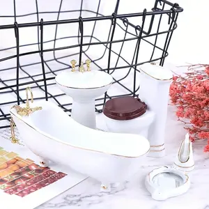 5 Piece Ceramic Dollhouse Bathroom Set Bathtub Mirror Toilet Mini Furniture Miniature Furniture Perfect Christmas New Year Easter Gift