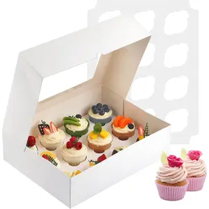 Cupcake Boxes, 2 Pack Disposable Cupcake Containers, Food Grade Cupcake Carrier 12 Count with Window and Inserts, Cupcake Transport Holders Bulk for Muffins Cookies Treats Dessert (White)