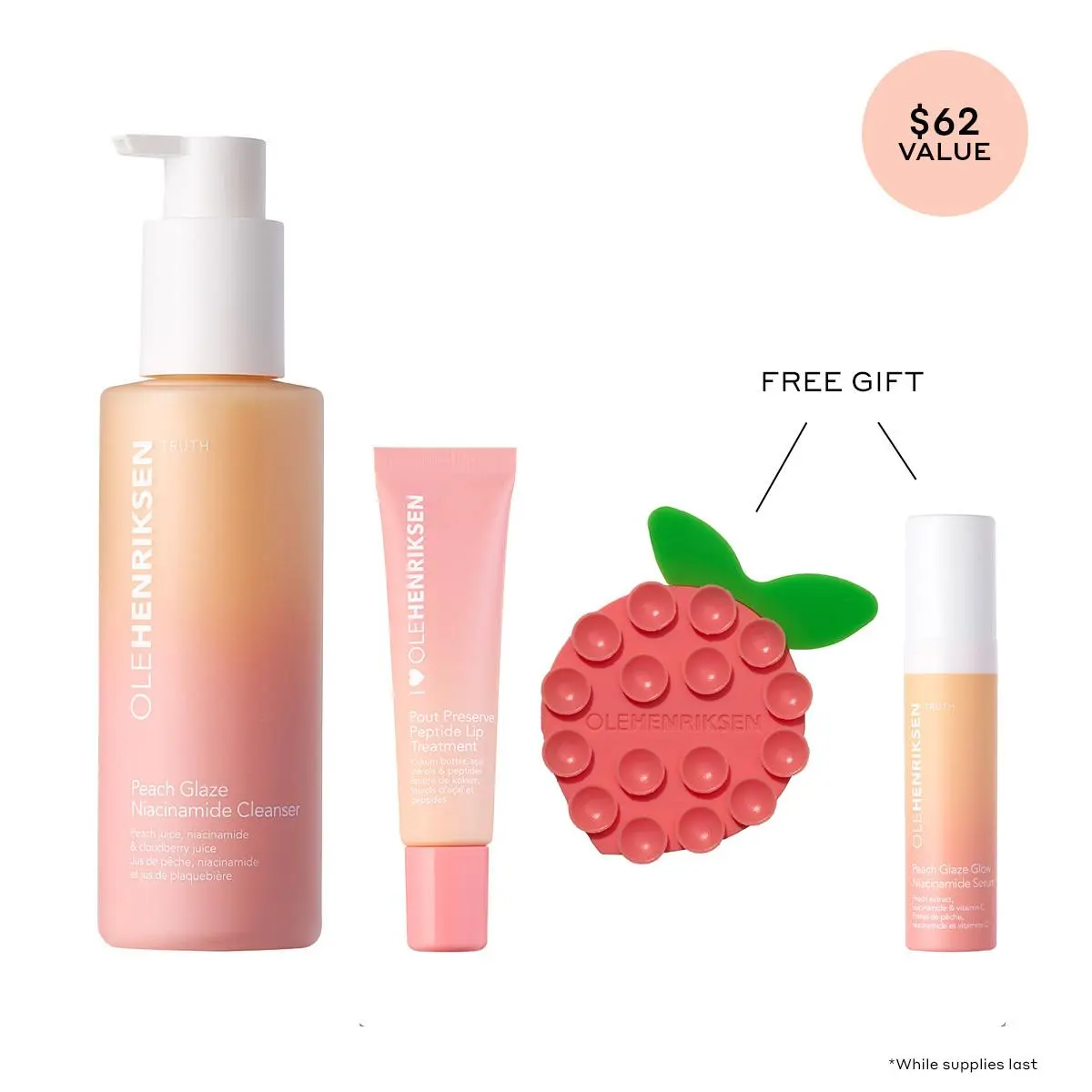 OLEHENRIKSEN Peach Glaze Pore Cleanser Set, Multi-Pack Bundle with Juicy Free Gift (TikTok Exclusive) Peptide Spf