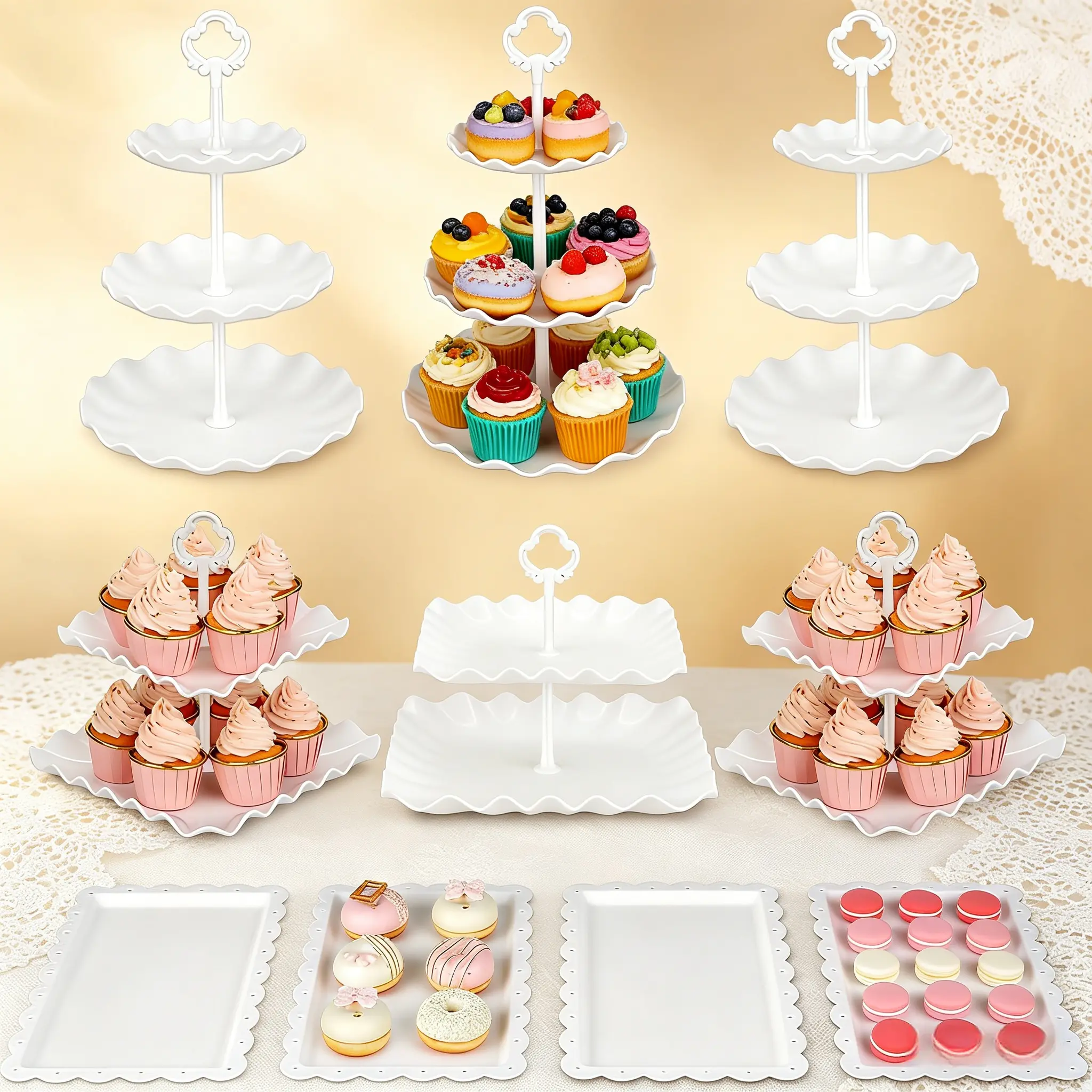 10pcs Plastic Pastry Decorative Kit - 3-Tier Wavy Cupcake Stand, 2-Tier Fruit Stand, 4 Cookie Trays for Weddings, Tea Parties | Kitchenware Bakeware Decorating Tools
