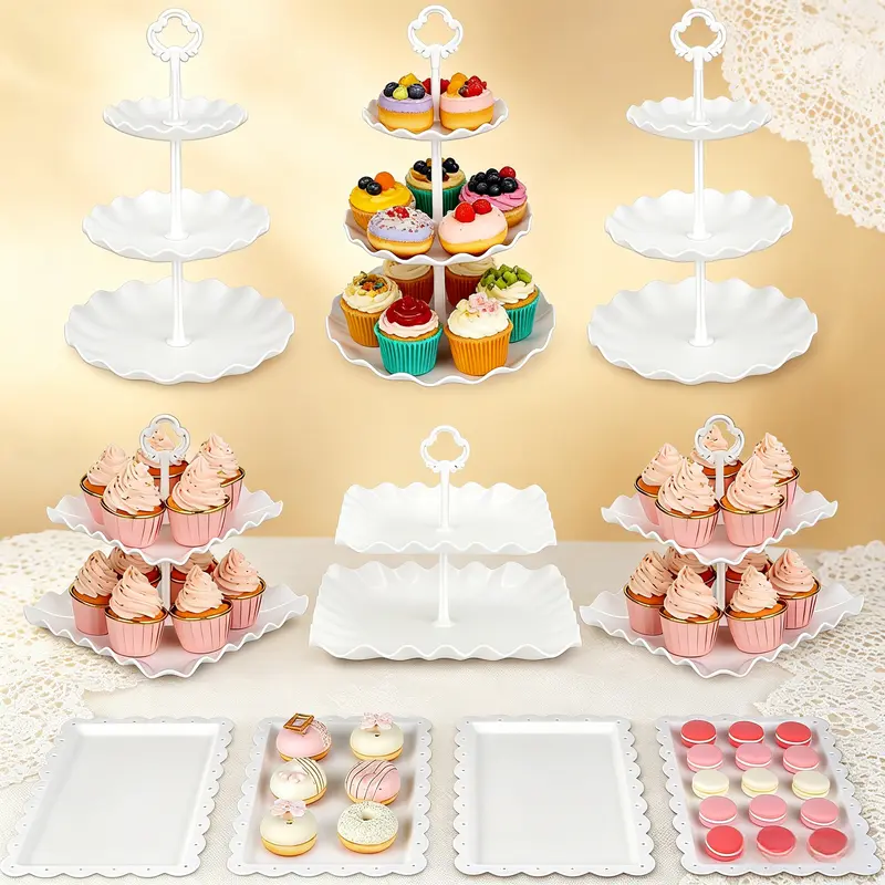 10pcs BPA-Free Plastic Pastry Decorative Kit - Stable 3-Tier Wavy Edge Cupcake Stand, 2-Tier Dessert Fruit Stand, 4 Cookie Trays, Flat Drawer Storage, Tool-Free Assembly, Frosted Grip Base | Kitchenware Bakeware for Birthdays, Weddings