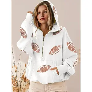 1pcWomen'SCasualCottonFootballSequinPrintHoodie-HalfZip,LongSleeve,LooseFitPulloverwithHoodedCollarforSpring/Fall-SportsSweatshirtwithZipperDetailskeletonmonogrammedoxfordshirtfunnysalembookclubshirtstarlabs