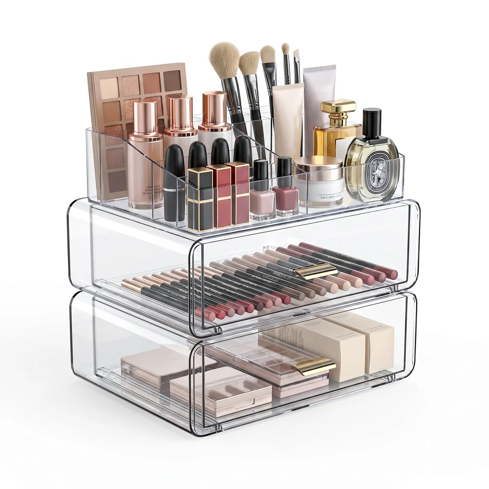 Clear 2-Tier Makeup Organizer with Divided Top Compartments, Large Capacity Transparent PET Cosmetic Storage Drawers, Vanity Skincare Lipstick Brush Perfume Organizer for Bathroom Dresser Countertop