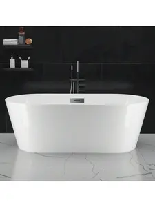 59" Freestanding Bathtub, White Acrylic Streamline Stand Alone Soaking Bath Tubs For Adult With Overflow And Drain In Chrome, CUPC Certified, Perfect For Your Bathroom