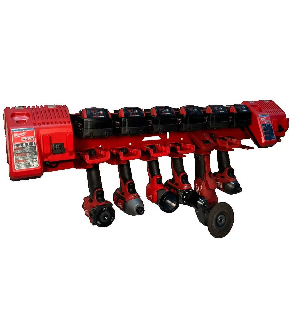 Battery and Drill Dual Charging Mount - Compatible with Milwaukee 18v Battery - Holds 6 Cordless Tools 6 Batteries 2 Chargers Red Powder Coat CNC Precision USA Made