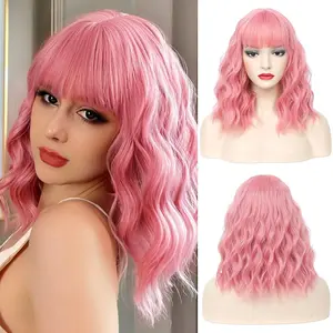 Pink Wigs for Women Short Bob Pink Wig with Bangs Shoulder Length Women Girls Synthetic Hair Wigs Short Wavy Wig with Bangs Lovely Pink Cosplay Wig Party Halloween Daily Use Wig 14"