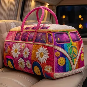Retro Hippie Van Quilted Duffle Bag, Colorful Weekender Travel Tote, Cute Overnight Carry-On Gym Bag