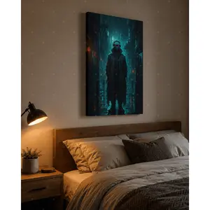 Cyberpunk  Detective Canvas Wall Art, Futuristic Neon City Print,  Decor for Living Room Bedroom Office, Available as Unframed Poster or Framed Wrapped Canvas