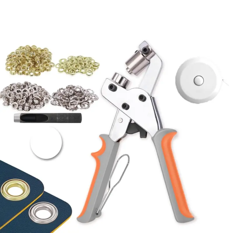 204 pcs gas eye buckle tool set, including 200 gas eye buckles, 1 punching pliers, 1 punching machine, 1 gasket, 1 tape measure, suitable for leather, tarpaulin, canvas