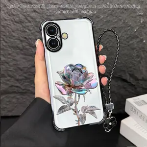 Suitable for [iPhone 16] high-end women's phone case🥰，a beautiful four-leaf clover lanyard is included🍀，electroplated Four-Corner Shockproof phone casesophisticated, minimalist rose pattern YM99